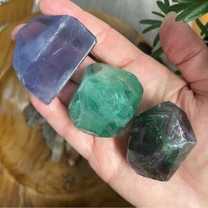 Bundle of 3 fluorite gem geometric shape carved crystals